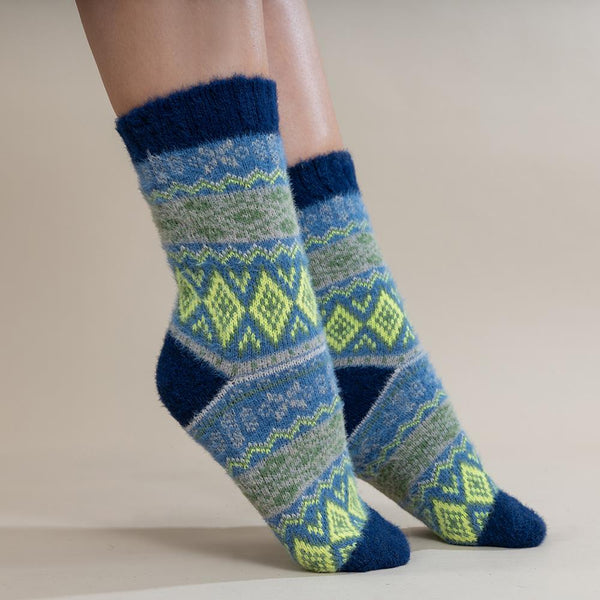 Dark Blue & Yellow Scandi Patterned Wool Blend Socks