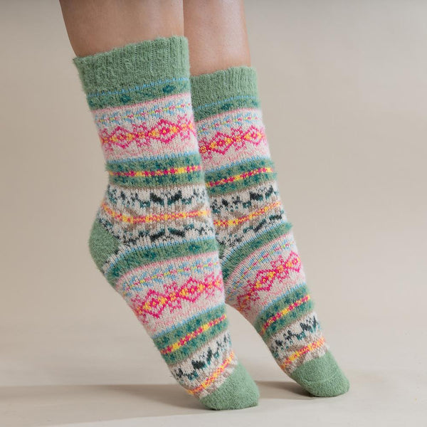 Green Fawn & Pink Scandi Patterned Wool Blend Socks