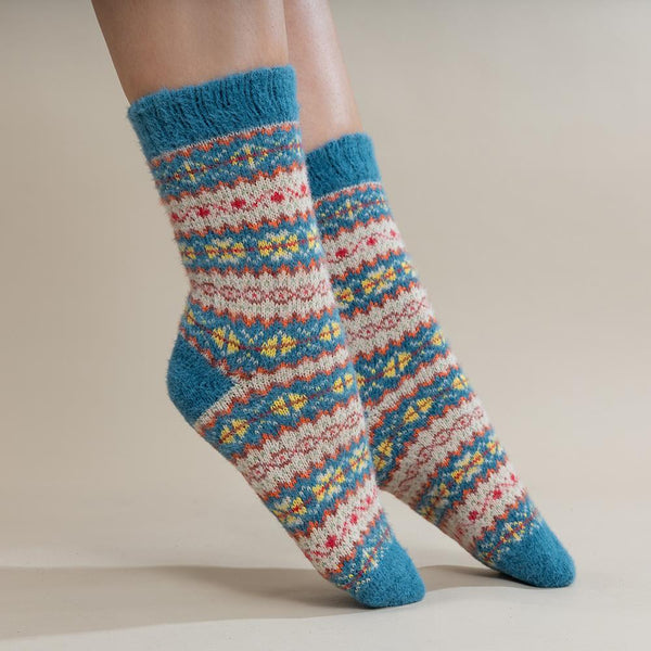 Blue Multi Patterned Wool Blend Socks