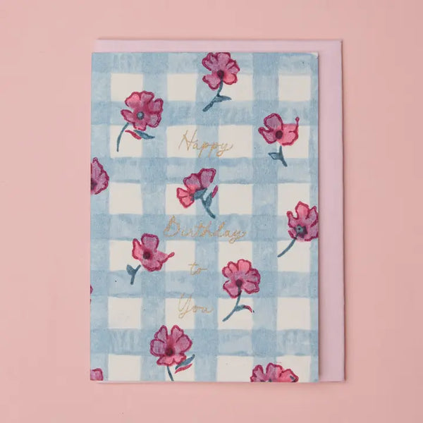 Hand Block Printed Birthday Card -  Gingham Pink Sorbet