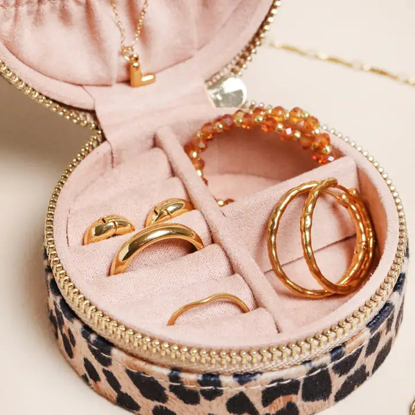 Leopard Print Velvet Round Travel Jewellery Case