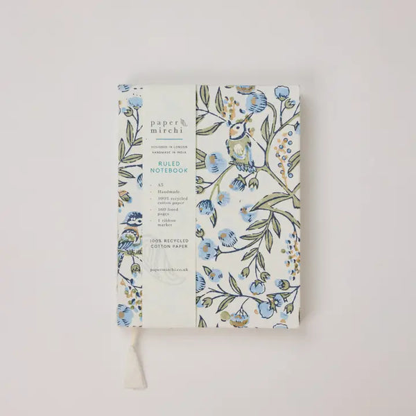 Hand Block Printed Blank A5 Notebook - Songbird Blue Stone