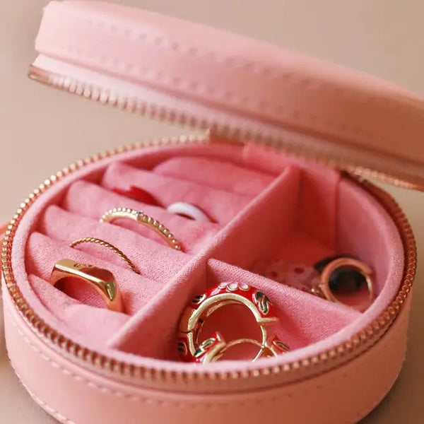 Peach Pink Round Travel Jewellery Case