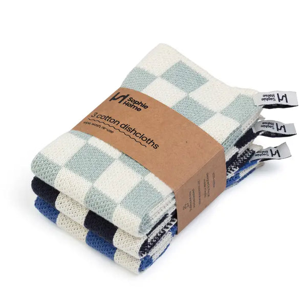 Sophie Home Reusable & Eco-Friendly Cotton Knit Dishcloths - Check Cobalt