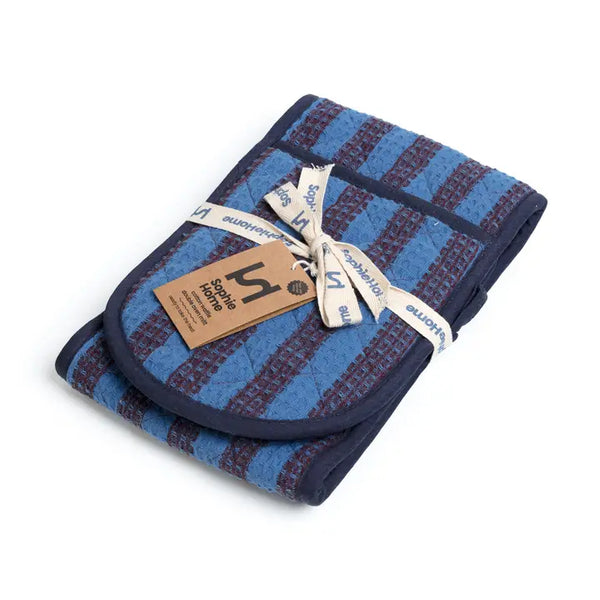 Cotton Double Oven Glove: Striped Cobalt & Burgundy