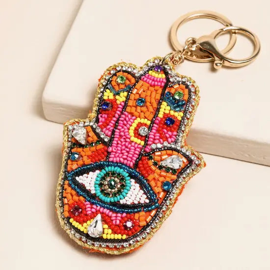Beaded Rainbow Hamsa Hand Charm Keyring