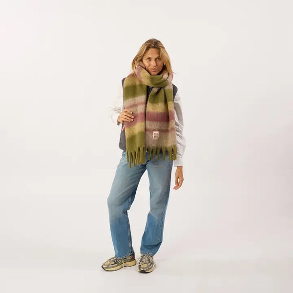 Wide Scarf in Mixed Wool - Khaki & Purple