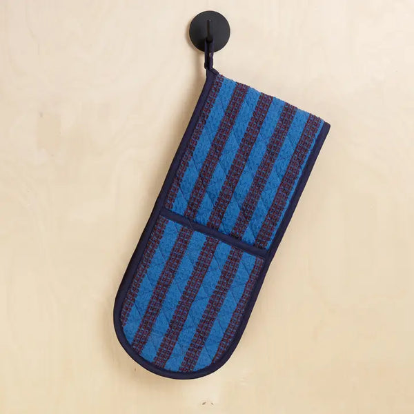 Cotton Double Oven Glove: Striped Cobalt & Burgundy