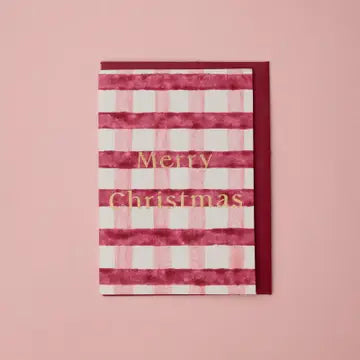 Hand Block Printed Christmas Card -  Gingham Christmas Pudding