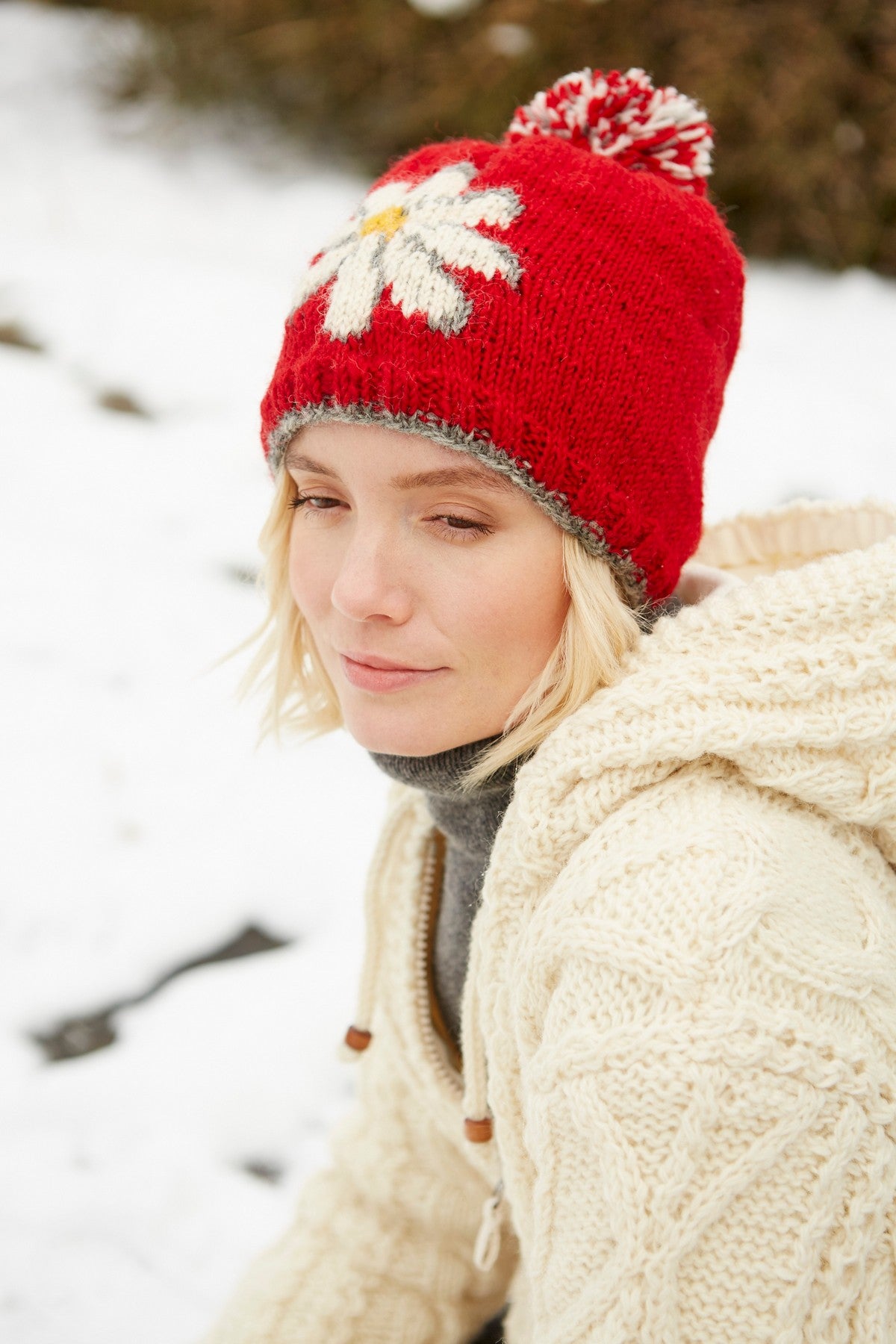 Pachamama Red Daisy Bobble Beanie