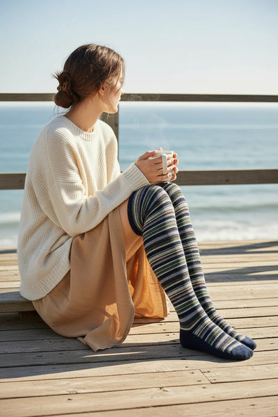 Dark Blue Striped Over The Knee Wool Blend Socks