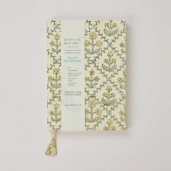 Hand Block Printed Blank A5 Notebook - Floral Lattice Buttercream
