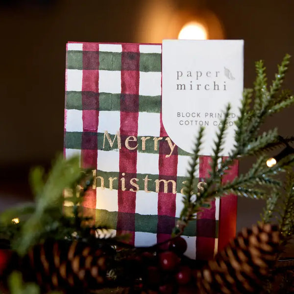 Hand Block Printed Christmas Card -  Gingham Holly Green