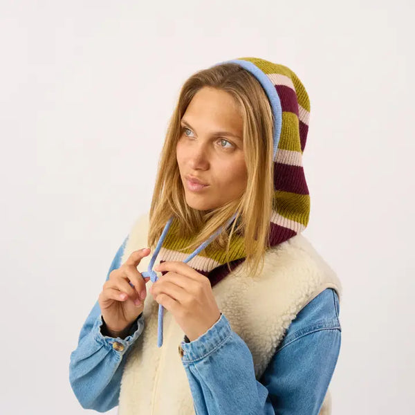 100% Wool Balaclava - Striped Olive & Wine Red