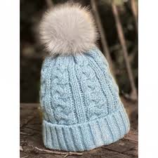 Super Soft Cable Knit Hat w/ Faux Fur Pom - Dusky Blue