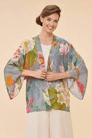 Powder Tropical Flora and Fauna Kimono Jacket in Lavender