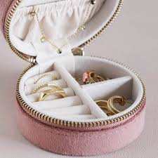Rose Pink Velvet Round Travel Jewellery Case