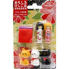 Iwako Kokeshi & Lucky Cat Eraser Blister Pack