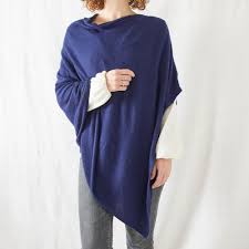 Soft Fine Knit Merino Wool Cowl Poncho - Navy Blue