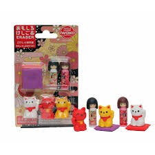 Iwako Kokeshi & Lucky Cat Eraser Blister Pack