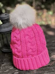 Super Soft Cable Knit Hat w/ Faux Fur Pom - Pink