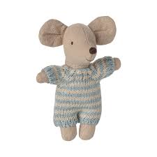 Maileg - Baby Mouse in Blue Carry Cot