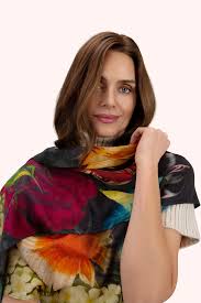 Powder Opulant Florals Wool Wrap Scarf - Chocolate