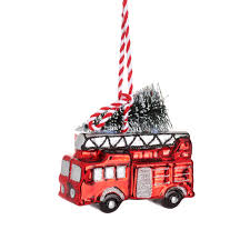 Fire Engine with Tree Glass Bauble