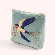 Powder Embroidered Velvet Mini Pouch - Swooping Swallows