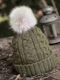 Super Soft Cable Knit Hat w/ Faux Fur Pom - Khaki