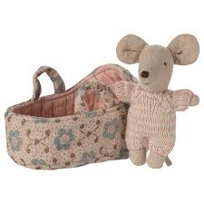 Maileg - Baby Mouse in Rose  Carry Cot