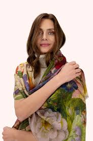 Powder Autumn Posy Wool Wrap Scarf - Cream