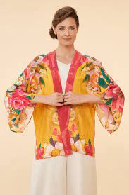 Powder Impressionist Floral Kimono Jacket in Mustard