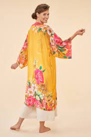 Powder Distressed Floral Kimono Gown in Mustard