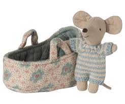 Maileg - Baby Mouse in Blue Carry Cot