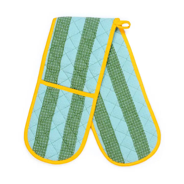 Cotton Double Oven Glove: Striped Green & Blue
