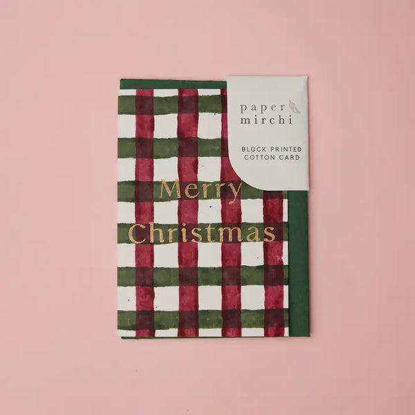 Hand Block Printed Christmas Card -  Gingham Holly Green