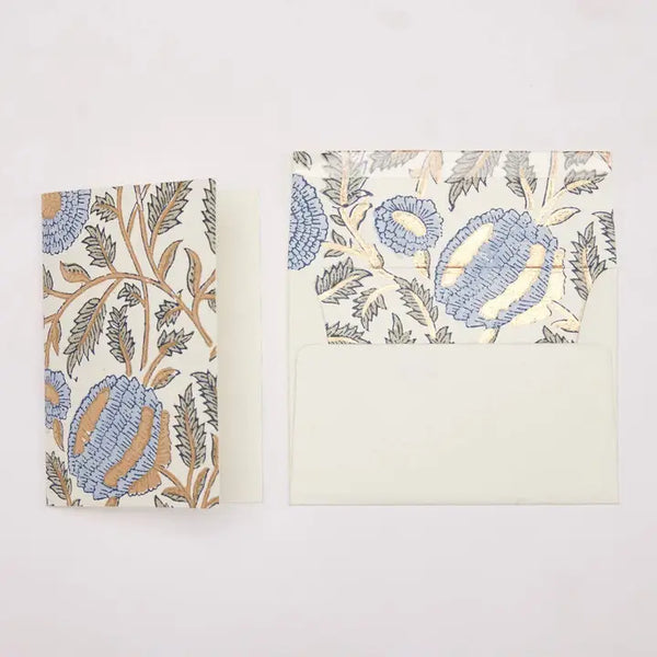 Hand Block Printed Greeting Card - Marigold Glitz Blue Stone