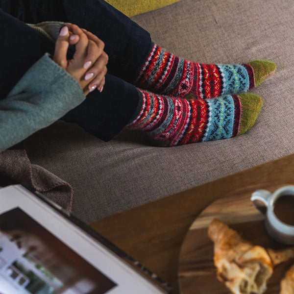 Red & Green Patterned Wool Blend Socks
