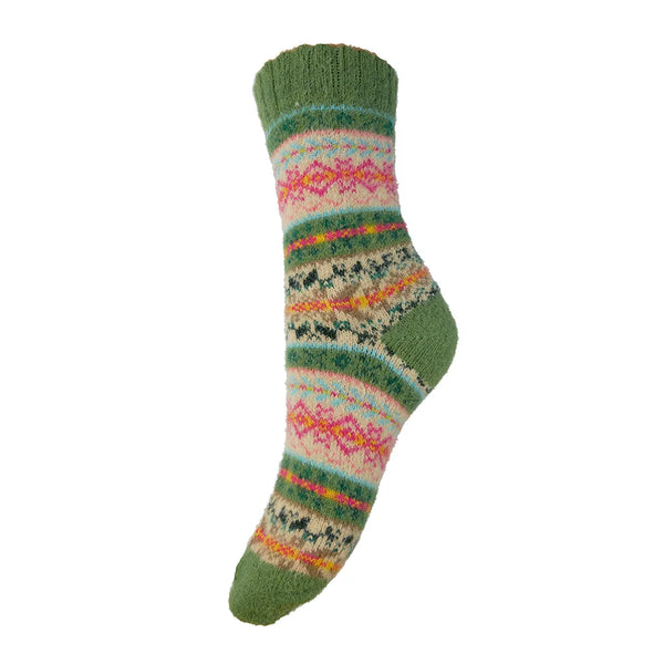 Green Fawn & Pink Scandi Patterned Wool Blend Socks