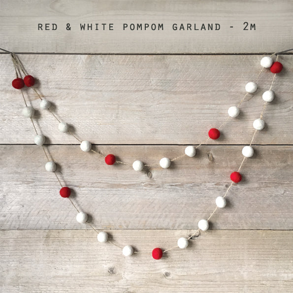 Red & White Felted Pom Pom Garland 2m