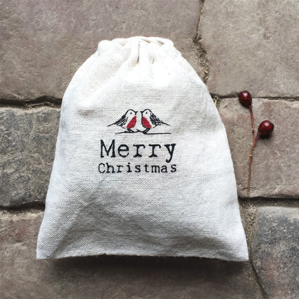 Robins Merry Christmas Drawstring Mini Canvas Bag