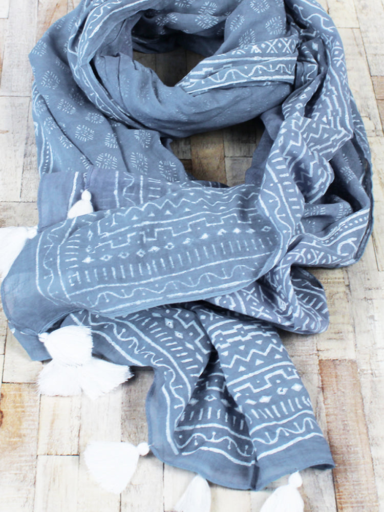 Blue/Grey Block Printed Cotton Scarf/Sarong