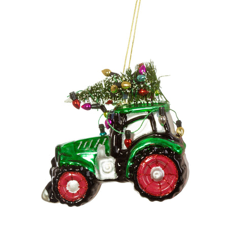 Festive Tractor Glass Bauble
