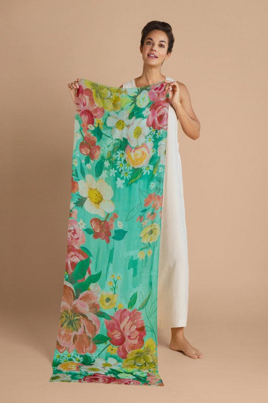 Powder Impressionist Floral Linen Print Scarf - Teal